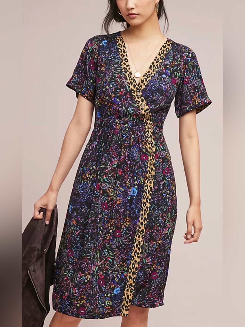 Maeve by Anthropologie Morgan Faux- Wrap Midi Dress Floral w/ Leopard Trim,Sz 10